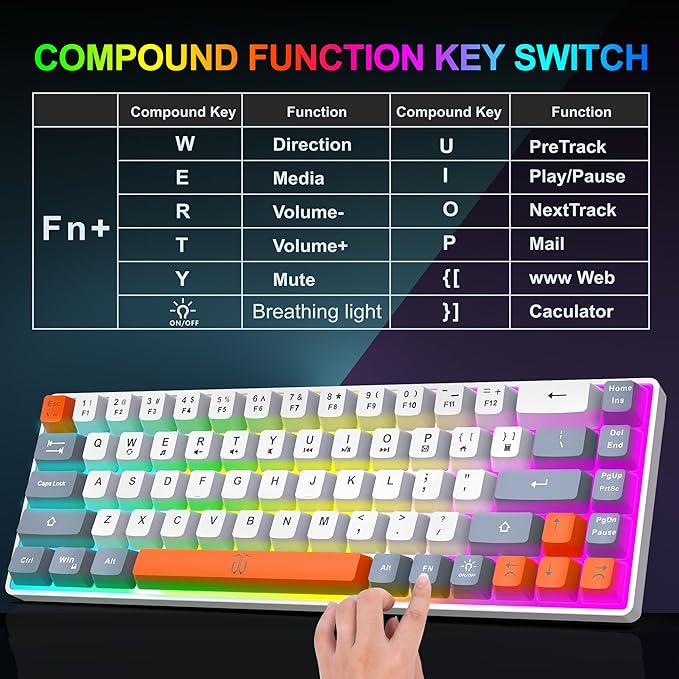 Snpurdiri 60% Wireless Gaming Keyboard and Mouse Combo,Rainbow Backlit Rechargeable 2000mAh Battery,Mini Mechanical Feel Keyboard +Popular RGB Mice for Gaming,Business Office(Gray-White-Orange)
