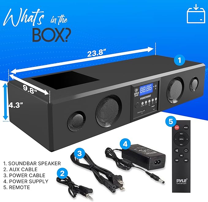 Pyle 3D Surround Bluetooth Soundbar - Sound System Bass Speakers Compatible to TV, USB, SD, FM Radio with 3.5mm AUX Input , Remote Control, For Home Theater - PSBV200BT,Black