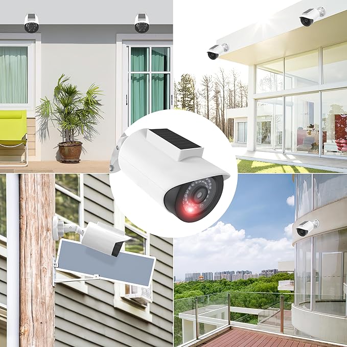 BNT Solar Powered Fake Security Camera, Bullet Shape Fake Surveillance Camera with Red LED Light for Night, Security Warning Sticker, for Outdoor Safety Alert (White 2Pack,Battery not Included)