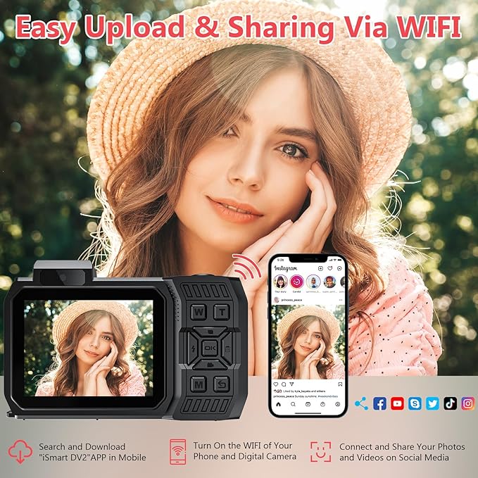 UHD 8K Underwater Camera, 70MP 33FT WiFi Waterproof Digital Camera with 64GB Card, Auto Focus Waterproof Dual-Screen Selfie 2500mAh Battery, 16X Floatable Digital for Snorkeling, Red