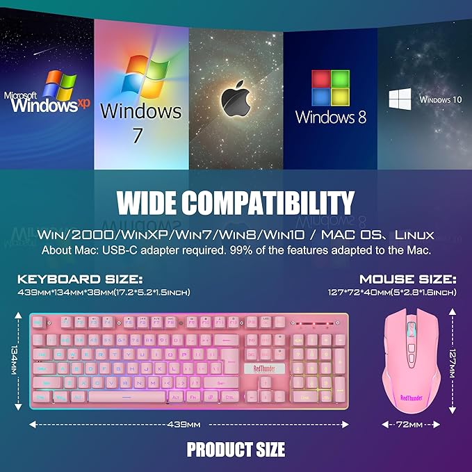 RedThunder K10 Wireless Gaming Keyboard and Mouse Combo, LED Backlit Rechargeable 3800mAh Battery, Mechanical Feel Anti-ghosting Keyboard + 7D 3200DPI Mice for PC Gamer (Pink)