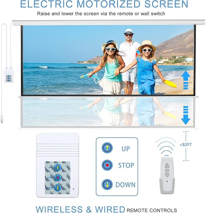 Kayle 120" Motorized Projector Screen Electric Diagonal Automatic Projection 4:3 HD Movies Screen for Home Theater Presentation Education Outdoor Indoor W/Remote Control and Wall/Ceiling Mount (White)