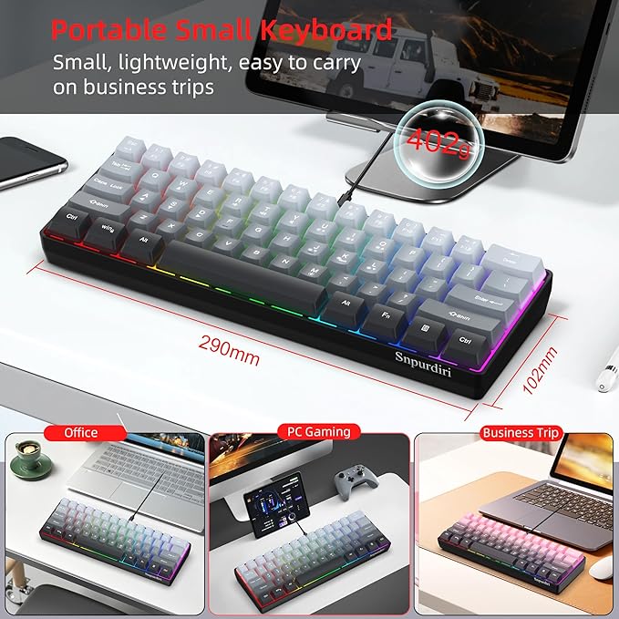 Snpurdiri 60% Wired Gaming Keyboard, 61 Keys RGB Backlit Ultra-Compact Small Gaming Keyboard, for PC/Mac Gamer, Typist, Travel, Easy to Carry on Business Trip (Grey-Black)