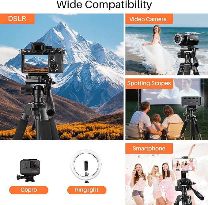 Fotopro 69'' Camera Tripod Lightweight Portable Travel Tripod for Camera and Phone with Detachable 3-Way Pan Head Phone Stand for Video Recording with Carry Bag and Cellphone Clip, Max Load 6.6lb