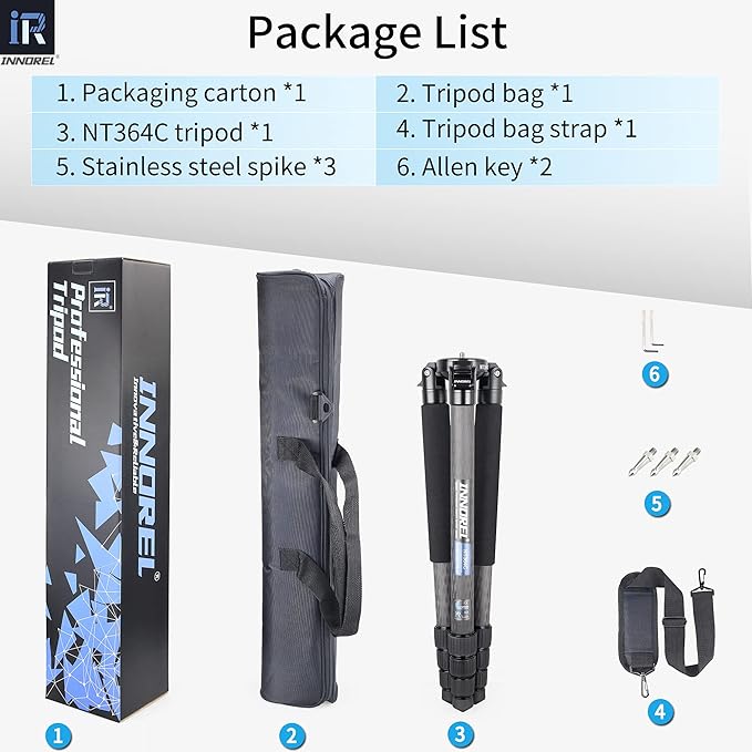Carbon Fiber Tripod INNOREL NT364C Professional Birdwatching Heavy Duty Camera 25kg/55lb max Load Bowl Tripod Birdwatching Camera Stand (Max Tube 36mm, Only Tripod)
