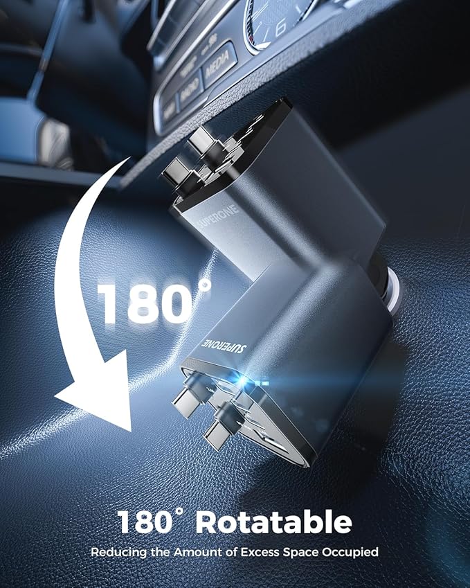 SUPERONE 6 in 1 Retractable Car Charger with Dual Type C Cables, 99W Ultra-Compact USB C Car Accessories Adapter with 4 USB Ports, Fast Charging Car Charger for iPhone 17/16/15/14/13/12, Galaxy, iPad
