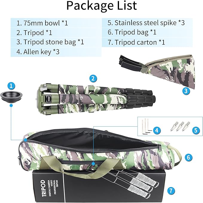 INNOREL RT90CG Carbon Fiber Bowl Tripod - Heavy Duty With 75mm Bowl, 40mm Leg Tube, Ultra Stable Professional Camera Tripod, Max Load 88lb/40kg, Green Camouflage Sleeve