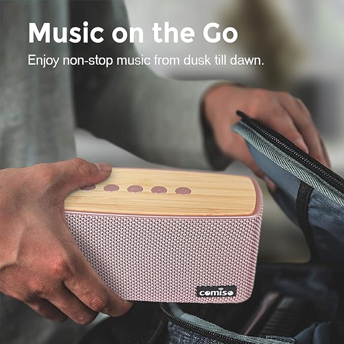 comiso Bluetooth Speakers, Portable Speaker 5.0 with 20W Stereo Sound, Wireless Stereo Pairing, Wood Bluetooth Audio with Subwoofer, 24H Playtime, Hands-Free, Great for Office, Home, Outdoor(Pink)
