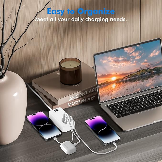 6 Port USB Charger Station - USB C Charging Hub for Multiple Devices, iPhone 14/13 Pro Max/13 Pro/13, iPad Pro, Switch, Galaxy S21 (White)