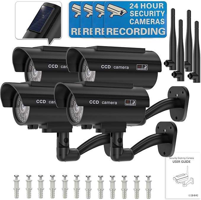 WALI Dummy Fake Camera, Solar Powered Fake Security Camera with LED Light, Simulated Surveillance Security CCTV Dome Cameras with Antenna and Warning Sticker Indoor Outdoor (SOL-TCB4), 4 Packs, Black