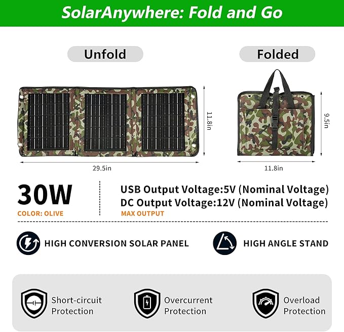 Upgraded Portable Solar Charger Foldable Solar Panels USB Ports 30W Solar Charger(5V/3A Max) Waterproof for Camping Backpacking Compatible with Cell Phone,iPhone,iPad,Samsung Galaxy, LG