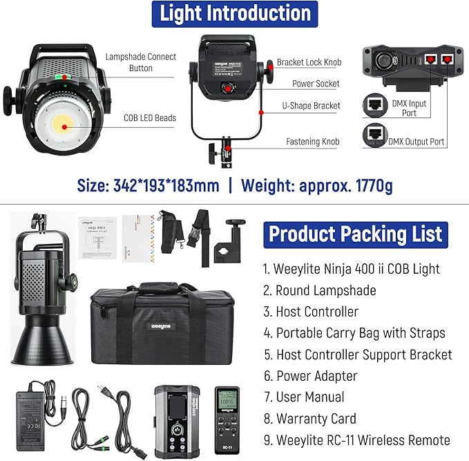 Weeylite Ninja 400 II LED Continuous Video Light, 150W 2800-6800K Bi-Color Bowens Mount Continuous Lighting App Control Dimmable LED COB Studio Lights with V-Mount for Photography Video Recording