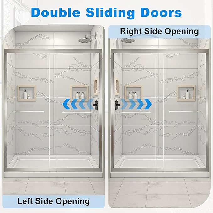 56-60" W x 72" H Shower Door Bathroom Double Sliding Shower Door 1/4"(6mm) Thick Tempered Glass Shower Door with Stainless Steel Handle for Walk-in Shower, Brushed Silver