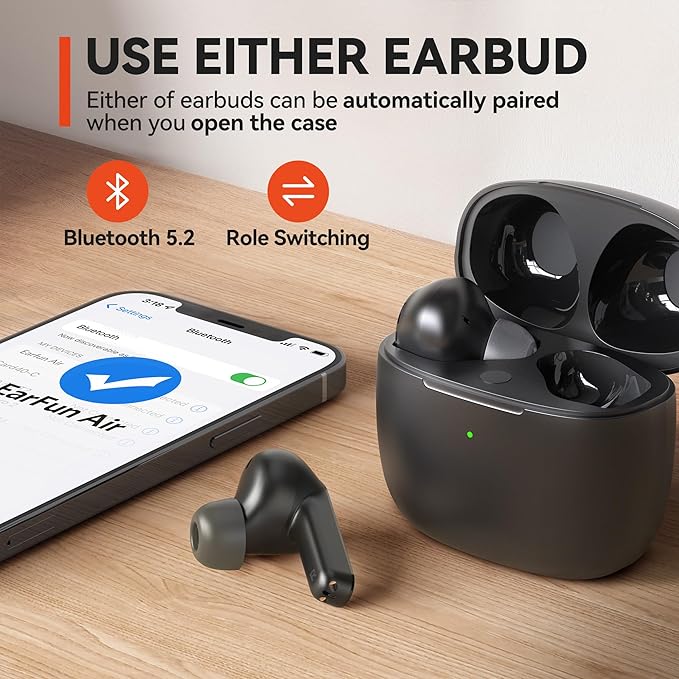 EarFun® Air True Wireless Earbuds, Bluetooth Earbuds with 4 Mics, Sweatshield™ IPX7 Waterproof with Volume Control, USB-C Fast Charge, in-Ear Headphones with Wireless Charging, Deep Bass, 35H Playtime