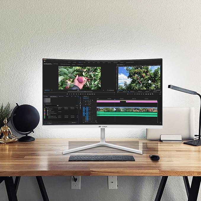 CRUA 24 Inch Curved Monitor, FHD(1920×1080P) 100HZ 120% sRGB Computer Monitors, Narrow Bezels on Three Sides, Blue Light Filter PC Monitor for Home, Office and Dormitory(HDMI, VGA)-White