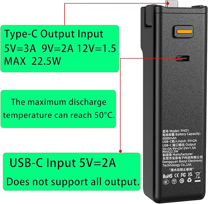 Battery Handle for DJI osmo Pocket 3 Battery Mobile Power Built-in 5000mAh 22.5W Reserved 1/4” Thread(USB-C Does not Support All Output)