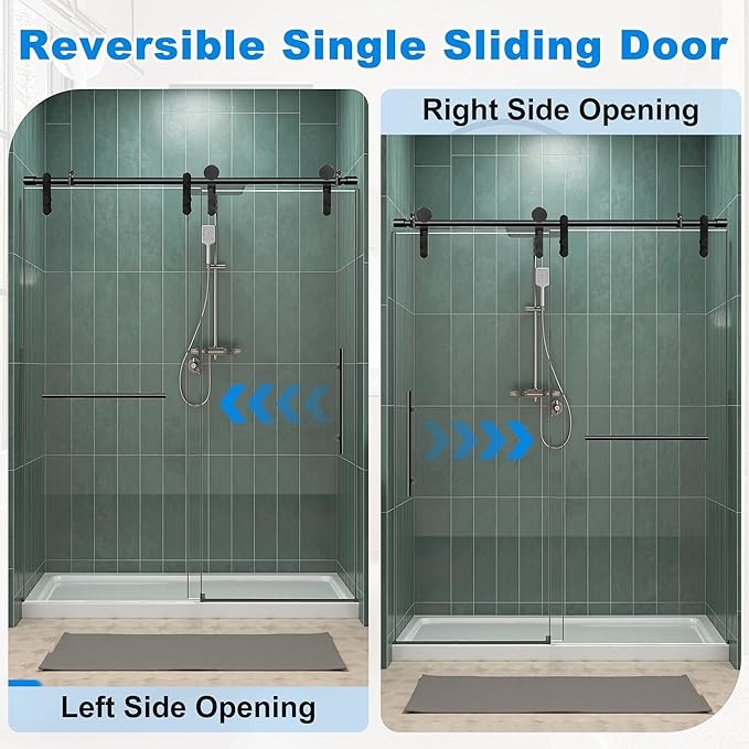 56-60" W x 76" H Frameless Shower Door Bathroom Sliding Shower Door 5/16"(8mm) Thick Tempered Glass Shower Door with Double Stainless Steel Handles for Walk-in Shower, Matte Black