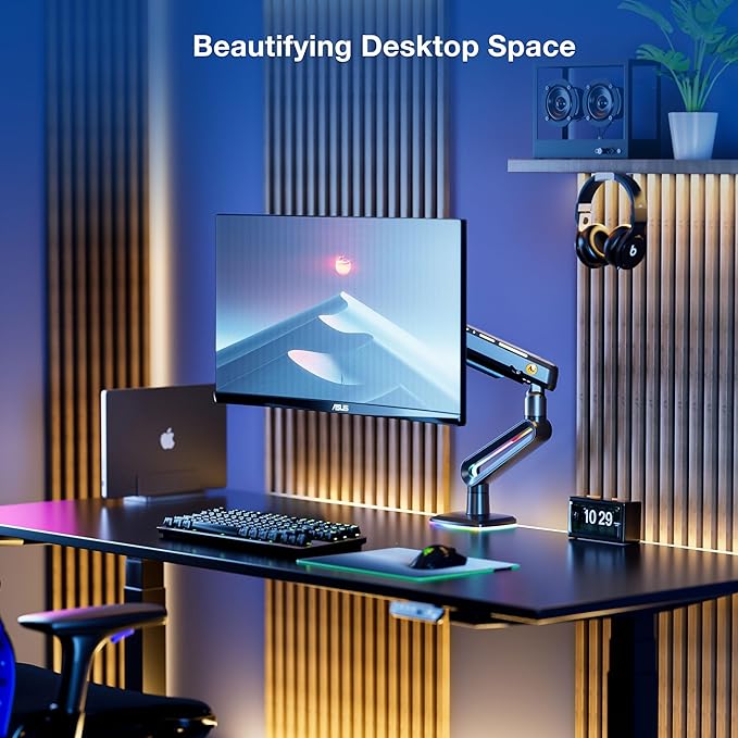 NB Designer Gaming Monitor Arm for 32 to 60 Inches Screen, Load up to 20 kg, VESA 75/100, RGB-Light, Heavy Duty, Multi Angle Adjustable, Premium Aluminum, Long Arm Extension Grey Black