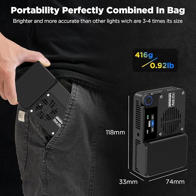Amaran Ace 25c Kit, Pocket RGBWW LED Light, Boost Mode Up to 32W, Full-Color Mini Video Light (2,300-10,000K), 1,171 Lux@1m at 5,600K, 4500mAh Battery with PD Charging for Mobile Creators (Charcoal)
