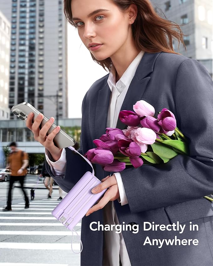 VRURC Portable Charger Power Bank, 10000mAh Travel Essentials Battery Pack, 5 Outputs 2 Inputs Slim Charging Bank Built-in Cables Cords Wires Compatible with iPhone,Samsung,Android-Lavender(1 Pack)