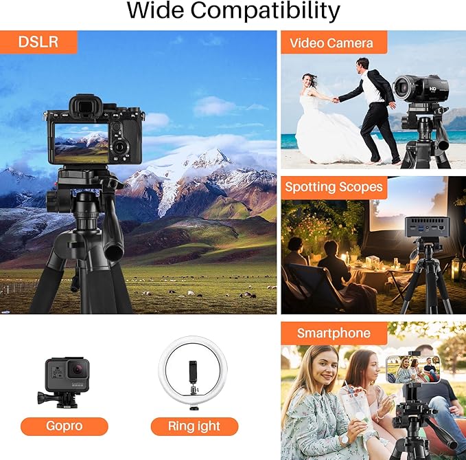 74'' Camera Tripod, Fotopro Lightweight Aluminum Travel Tripod for DSLR Camera and Phone with Detachable 3-Way Pan-Tilt Head Carry Bag and Mount Phone Stand for Video Recording Live Streaming