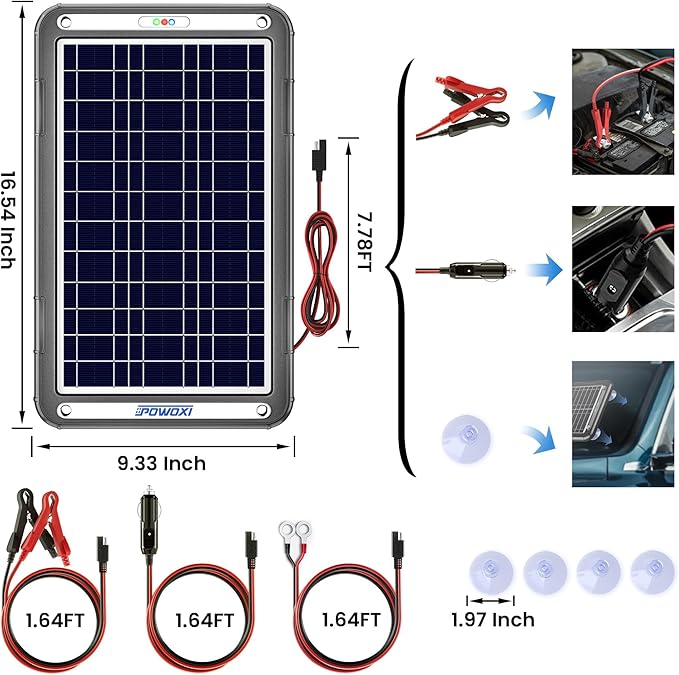 POWOXI 12V Solar Car Battery Charger: 12W Solar Trickle Charger Maintainer with MPPT Controller for Car - RV Boat Marine Motorcycle - Solar Panel Kit for Automotive Trailer Truck Snowmobile Tractor