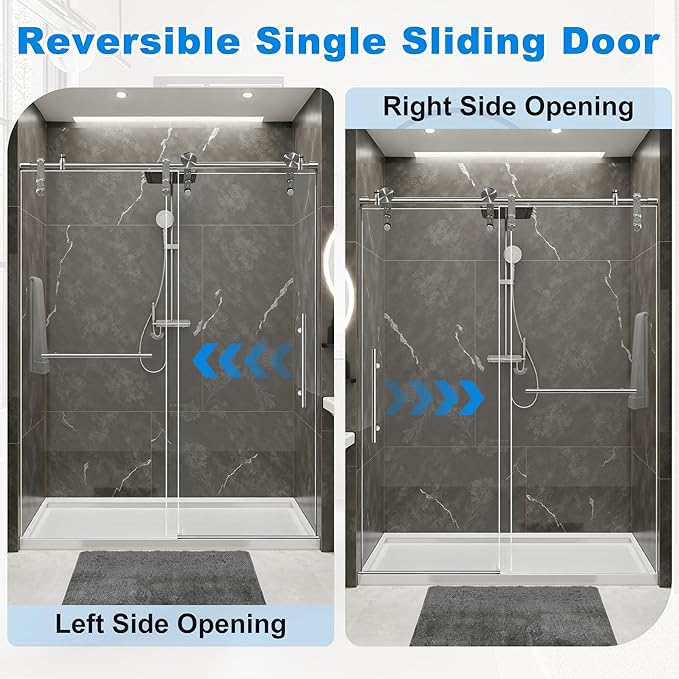 56-60" W x 76" H Frameless Shower Door Bathroom Sliding Shower Door 5/16"(8mm) Thick Tempered Glass Shower Door with Double Stainless Steel Handles for Walk-in Shower, Brushed Silver