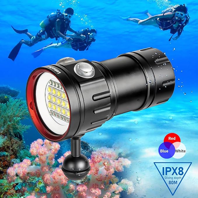 B15 Dive Light Underwater Flashlight 8000Lumens Underwater Video Lights 80m Scuba Dive Light Diving Flashlight for Under Water Sports,Underwater Video Shooting and Photography