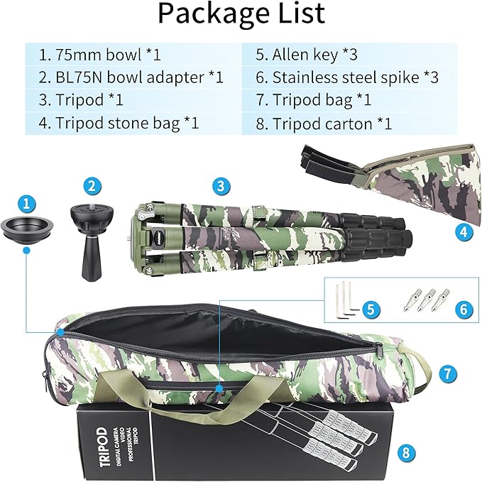 Carbon Fiber Bowl Tripod-INNOREL RT90CG Heavy Duty Bowl Tripod with 75mm Bowl Adapter 40mm Leg Tube Ultra Stable Professional Camera Tripod Max Load 88lb/40kg Green Camouflage Sleeve
