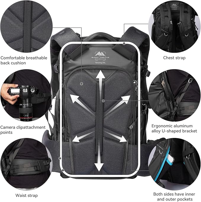 Tenzing 25L Camera Backpack with Rain Cover for Photographers 14 inch Laptop Compartment Waterproof Large Camera Bag for Drone,Cameras, Batteries, Lenses,Tripod(Black)