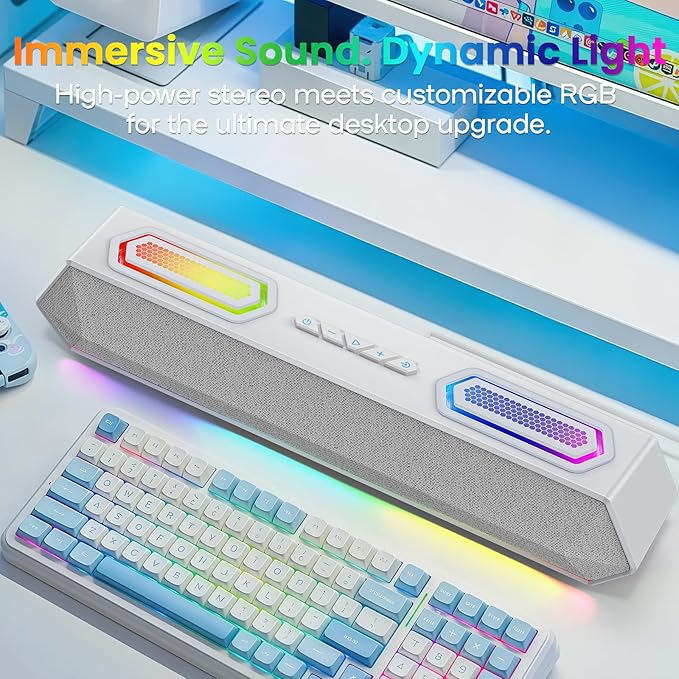 Deeyaple Computer Speakers, 40W Wireless Soundbar for Desktop PC with Bluetooth 5.3 & USB Audio,Software Custom EQ, Dynamic RGB Lighting, External Power Adapter Gaming Speakers, Laptop, Xbox (White)