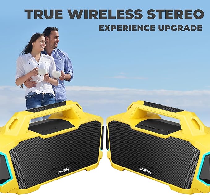 MusiBaby M1 Portable Bluetooth Speaker Yellow, Loud Stereo Sound Subwoofer Deep Bass, IPX6 Waterproof, 24H+ Playtime, Bluetooth 5.3, Dual Pairing Boombox for Outdoor Camping Hiking Party Shower