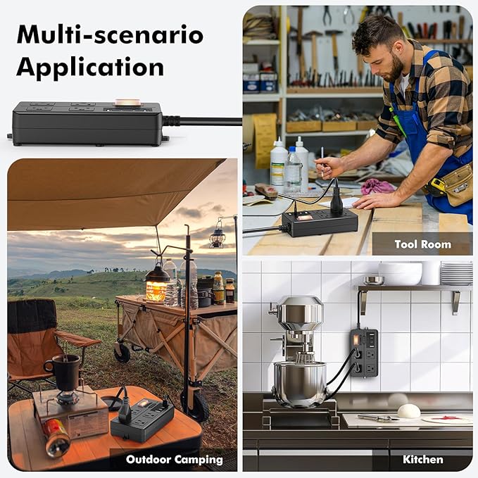 VNJ Outdoor Power Strip with 4AC Outlets + 4USB Ports, IPX6 Waterproof Surge Protector, Safety Lock Design and ETL-Certified Cables, 15FT Extension Cord for Home, Garden, and Commercial Use