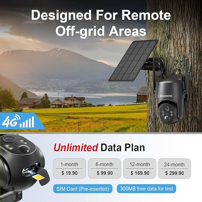 4G LTE Cellular Security Camera, Solar Security Cameras Wireless Outdoor, No WiFi Security Camera Outdoor, Color Night Vision, PIR Human Detection, Two-Way Talk, IP66 Waterproof, Built-in SIM Card