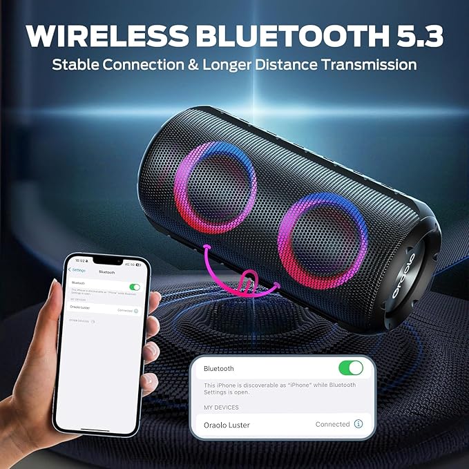 BUGANI Luster Bluetooth Speakers, Portable Wireless Stereo Speaker with Colorful Lights, Loud Sound, Bluetooth 5.3, 24H Playtime, IPX6 Waterproof, AUX-in, for Home/Outdoor/Camping/Beach