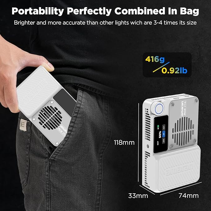 Amaran Ace 25c Kit, Pocket RGBWW LED Light, Boost Mode Up to 32W, Full-Color Mini Video Light (2,300-10,000K), 1,171 Lux@1m at 5,600K, 4500mAh Battery with PD Charging for Mobile Creators (White)