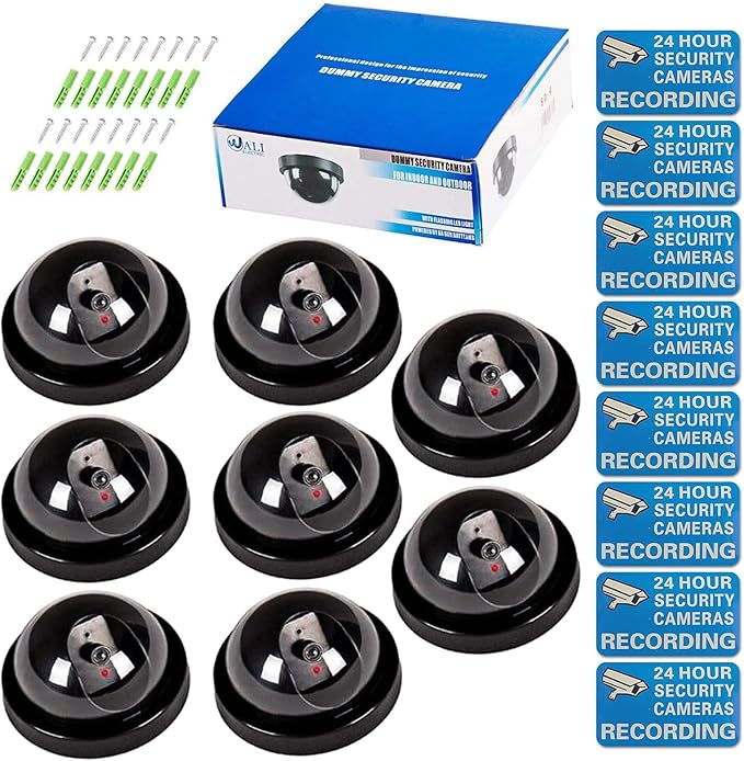 WALI Dummy Fake Security CCTV Dome Camera with Flashing Red LED Light with Security Alert Sticker Decals (SD-8), 8 Packs, Black
