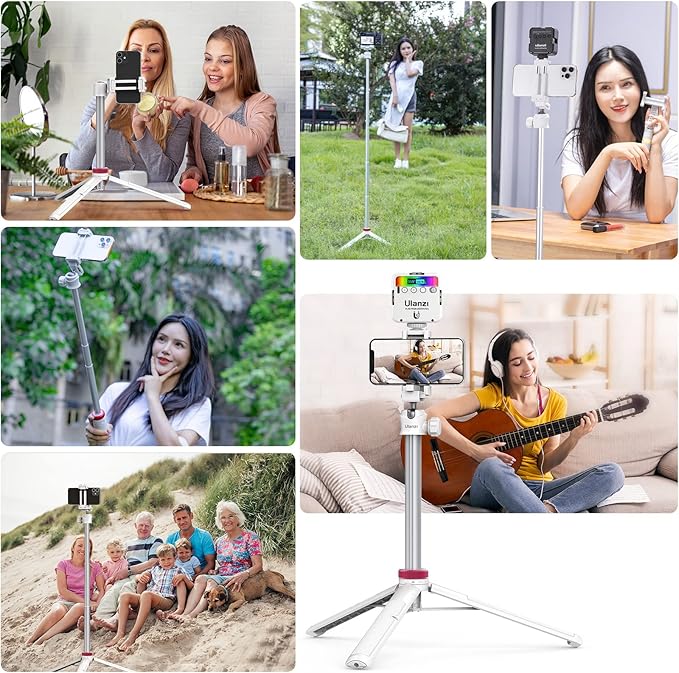 ULANZI MT-44 Extendable Phone Tripod, 59" Selfie Stick Portable Vlog Tripod Stand with 2 in 1 Phone Clip 1/4" Screw, 360° Ball Head Camera Tripod for DJI Pocket Sony Canon Action Fujifilm, White