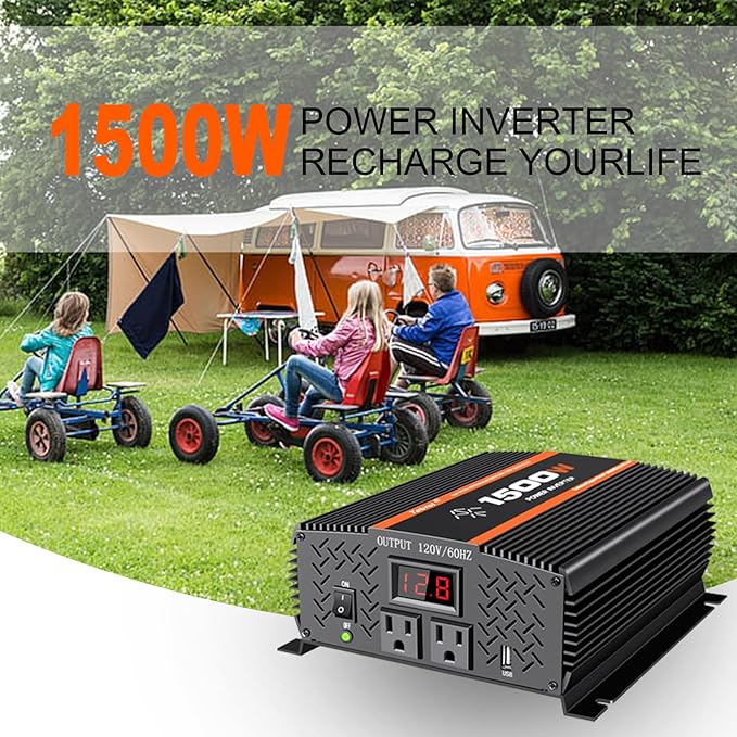 1500W Inverter 12V DC to 110V AC Converter for Home, RV, Truck, Off-Grid Solar Power Inverter with Built-in 5V/2.1A USB, AC Hardwire Port, Remote Controller