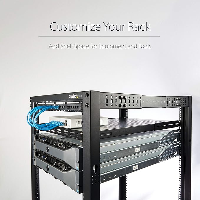StarTech.com 4-Post 15U Mobile Open Frame Server Rack and 1U Adjustable Vented Server Rack Mount Shelf Bundle