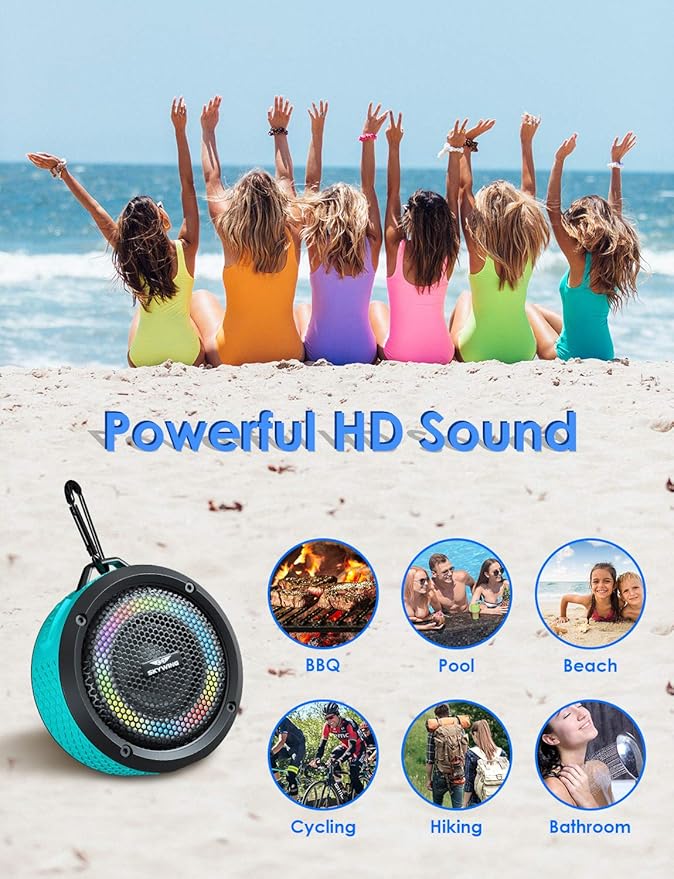 Soundace S6 IPX7 Waterproof Shower Speaker 5W Bass+ Bluetooth Speaker with Suction Cup Hook Lanyard RGB Light, Premium Mini Portable Outdoor Wireless for Bike Pool Beach