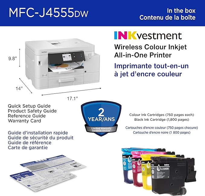 Brother INKvestment 4555 Wireless Color Inkjet All-in-One Printer with 2.7” Color Touchscreen and 2 Paper Trays | Includes Refresh Subscription Trial(1) (MFC-J4555DW)