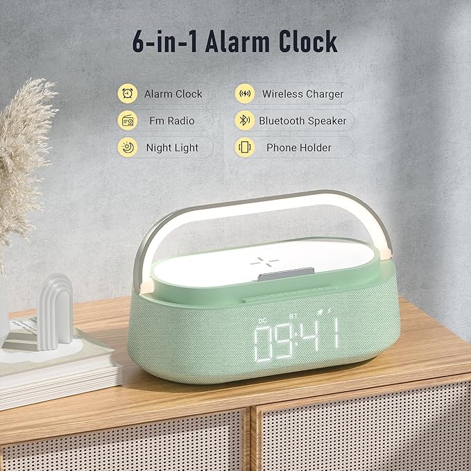 FREEFISH Bluetooth Speaker with Fast Wireless Charger,FM Radio,Touch LED Night Light,Phone Holder,Snooze, Portable Wireless Speaker for Bedrooms Office Home, Gifts