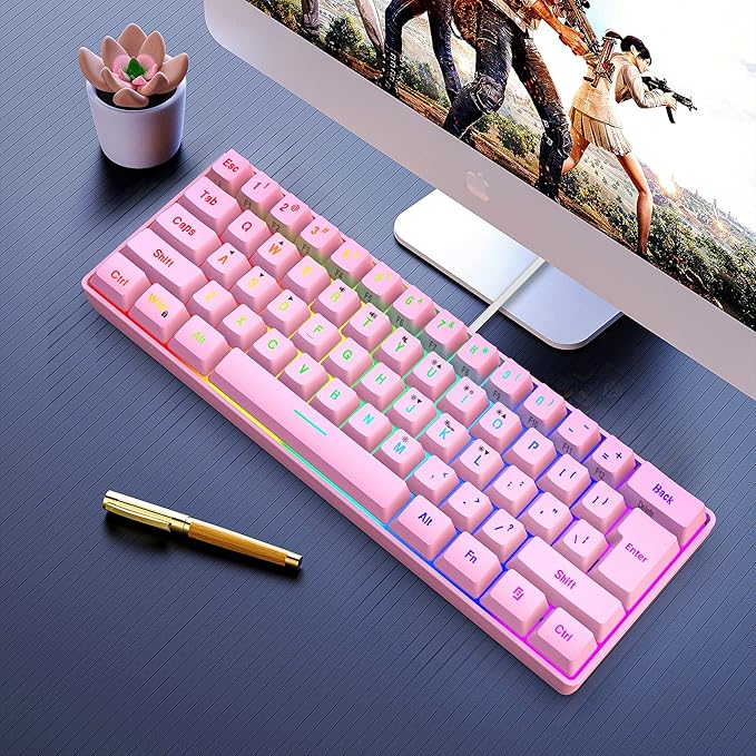 Snpurdiri 60% Wired Gaming Keyboard, 61 Keys RGB Backlit Ultra-Compact Mini Gaming Keyboard for PC/Mac Gamer, Typist, Travel, Easy to Carry on Business Trip(Pink)