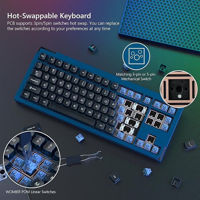 SK87 75% Wireless Gaming Keyboard QMK/VIA, Full Aluminum Transparent keycaps Mechanical Keyboard, Bluetooth 5.0/2.4GHz/USB-C Wired Programmable Keyboard, Hot Swappable, POM Linear Switch (Blue)