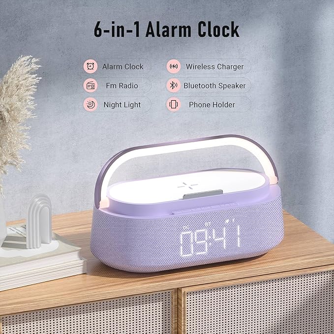 Bluetooth Speaker with Wireless Charger, FM Radio, Dimmer Night Light, Phone Holder, Wireless Charging Speakers for iPhone Samsung, Bedrooms Home Office Gifts