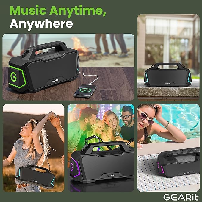 GEARit Portable Bluetooth Speaker Wireless w/ 120W Loud Audio Output - IPX6 Water-Resistant Speakers - 5.3 Bluetooth, AUX, TWS, MicroSD, EQ and Power Bank - Perfect for Gift/Home/Outdoor/Party