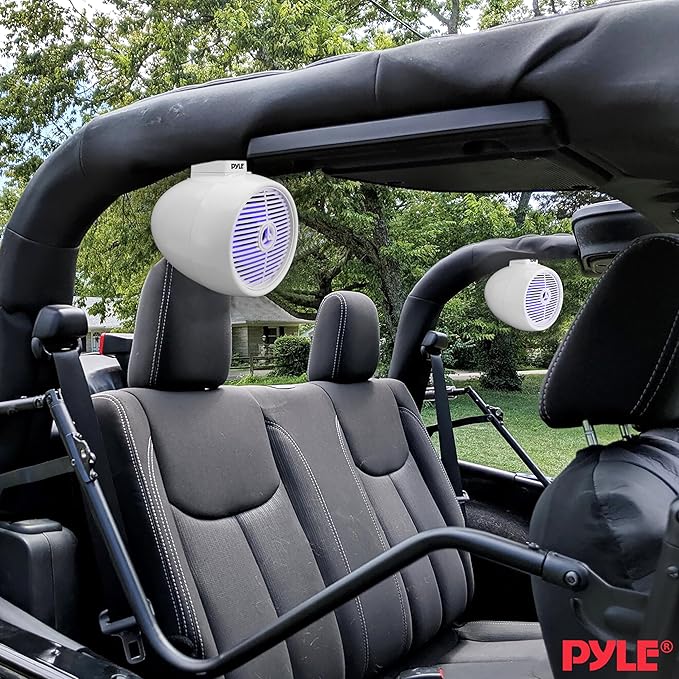 PyleUsa 6.5” Waterproof Off-Road Speakers - 200W 2-Way Marine Wakeboard Tower Sound System w/ LED Light, Full Range Outdoor Stereo Speaker for Car, ATV, UTV, Jeep, Boat, Includes Brackets (White)