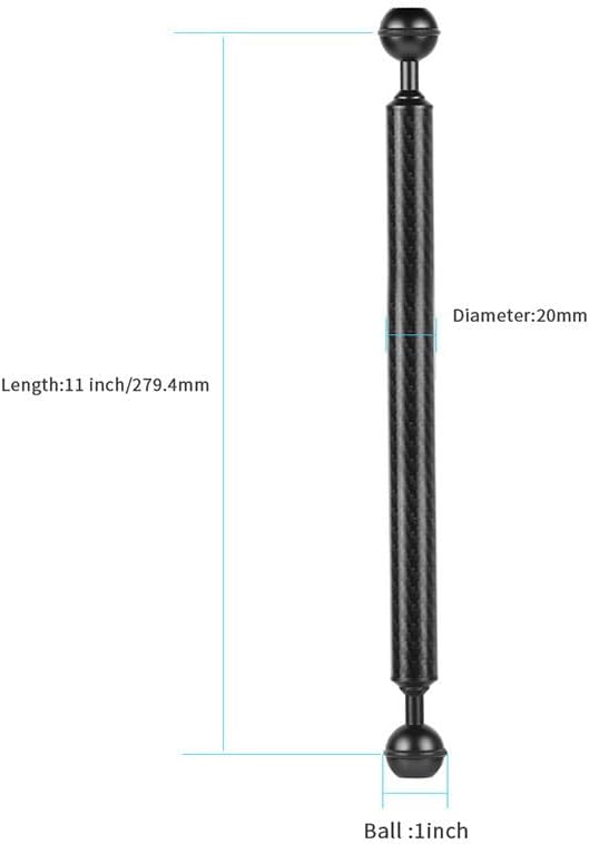 Carbon Fiber Underwater Float Arm, 1-inch Dual Ball Buoyancy Arm for Underwater Camera Tray, Video Light & Strobe for Scuba Diving Photography & Videography (Black, 11 inches)