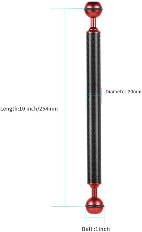 Carbon Fiber Underwater Float Arm, 1-inch Dual Ball Buoyancy Arm for Underwater Camera Tray, Video Light & Strobe for Scuba Diving Photography & Videography (Red, 10 inches)